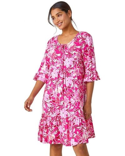 Roman Floral Print Frill Detail Smock Dress - Pink