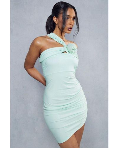 MissPap Mesh Corsage One Shoulder Asymmetric Mini Dress - Blue