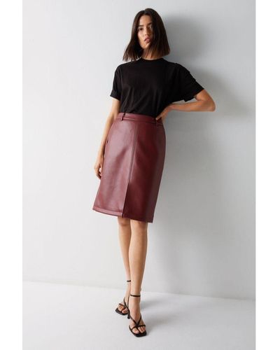Warehouse Stitch Detail Faux Leather Pencil Skirt - Red