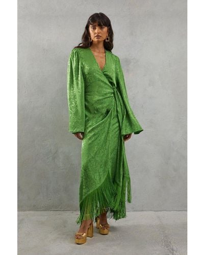 Warehouse Satin Jacquard Kimono Sleeve Fringe Hem Wrap Dress - Green