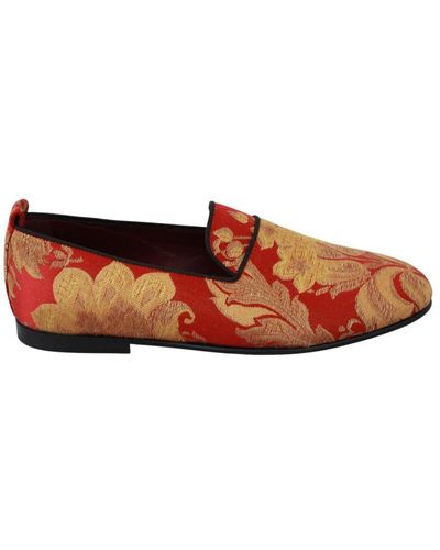 Dolce & Gabbana Mannen Rood Goud Brokaat Slippers Loafers Schoenen - Bruin