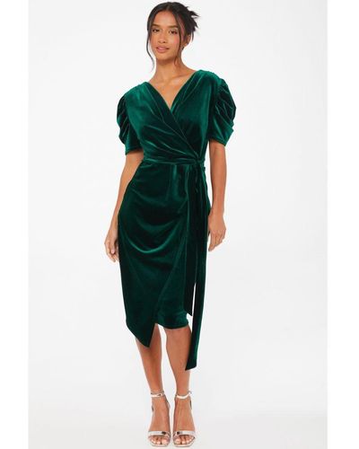 Quiz Petite Bottle Velvet Wrap Midi Dress - Green