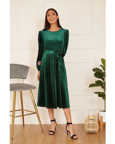 Yumi' Velvet Long Sleeve Midi Skater Dress - Green