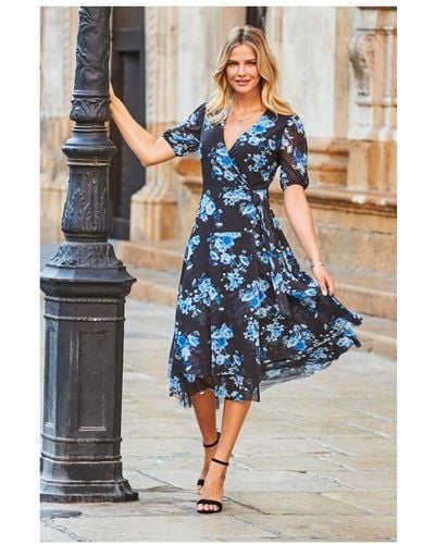 Sosandar Floral Print Mesh Wrap Jersey Dress - Blue