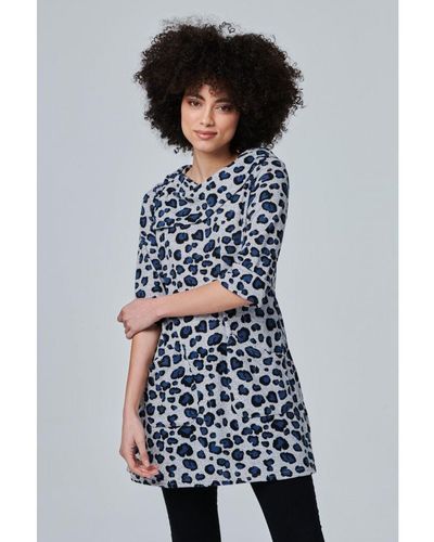 Izabel London Multi Blue Leopard Print Cowl Neck Tunic Top