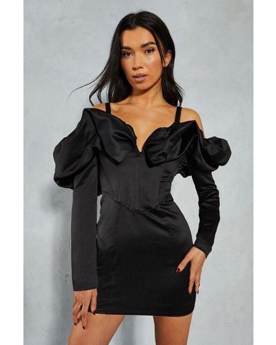 MissPap Frill Sleeve Bardot Strap Detail Bodycon Mini Dress - Black