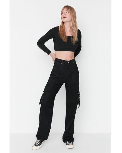 Trendyol Vrouwen Hoge Taille Breed Been Jeans - Zwart