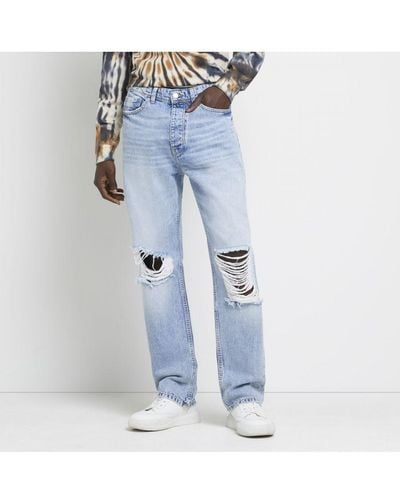 River Island Loose Jeans Baggy Fit Ripped Cotton - Blue