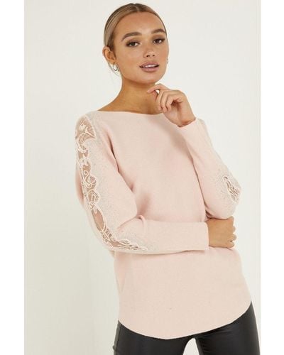 Quiz Pink Knitted Lace Diamante Jumper - Natural