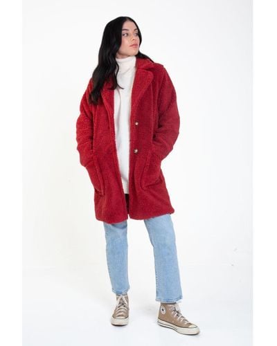 Gini London Faux Fur Longline Teddy Overcoat - Red