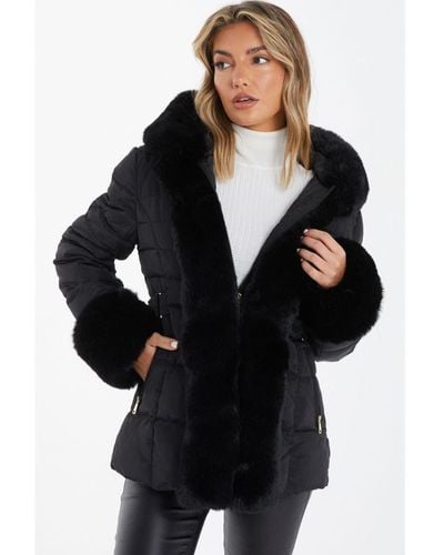 Quiz Padded Faux Fur Trim Jacket - Black