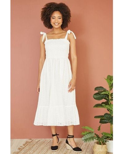 Mela London Broderie Anglaise Ruched Midi Sundress With Tie Sleeves Cotton - White