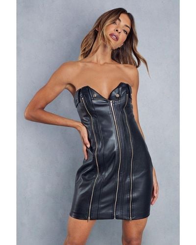 MissPap Leather Look Multi Zip Corset Bodycon Mini Dress - Blue