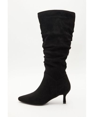 Quiz Ruched Knee High Heeled Boots - Black