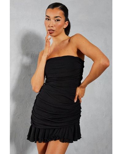 MissPap Mesh Bandeau Frill Hem Ruched Bodycon Mini Dress - Black