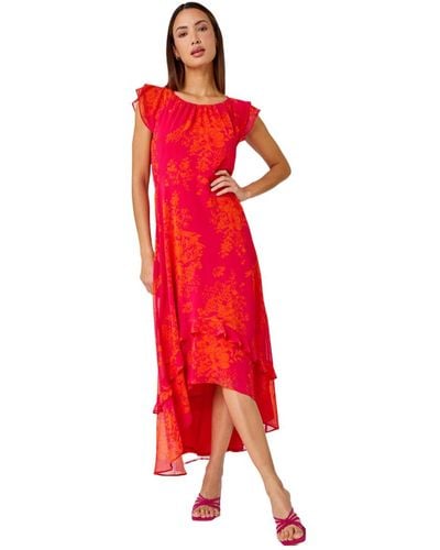 Roman Floral Frill Detail Chiffon Midi Dress - Red