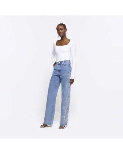 River Island Straight Jeans Embroidered Relaxed Denim - Blue
