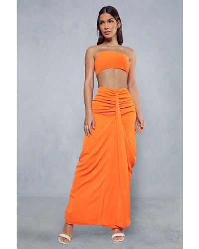 MissPap Drape Front Ruched Maxi Skirt - Orange