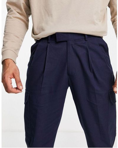 TOPMAN Tapered Cargo Trousers With Pleats - Blue