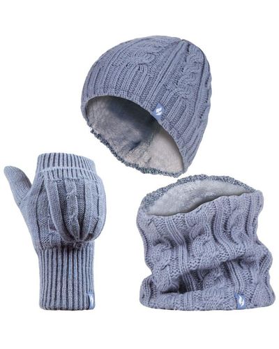 Heat Holders Thermal Winter Fleece Hat, Neck Warmer And Converter Gloves Set - Blue
