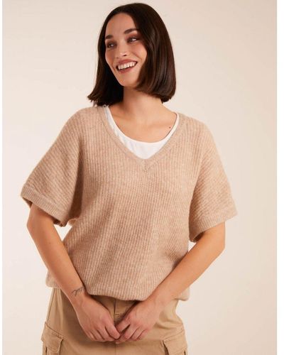 Blue Vanilla Vanilla Puff Sleeve V-Neck Knit Top - Natural