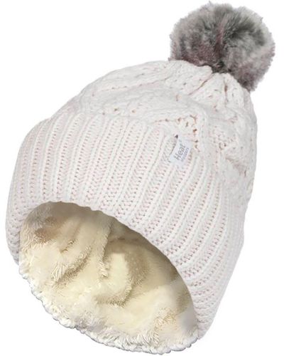 Heat Holders Ladies Ribbed Cuffed Pom Pom Bobble Beanie Hat With Fleece Lining - White