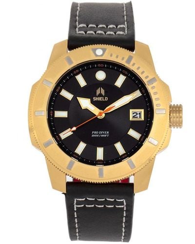Shield Shaw Leather-Band Diver Watch W/Date - Metallic