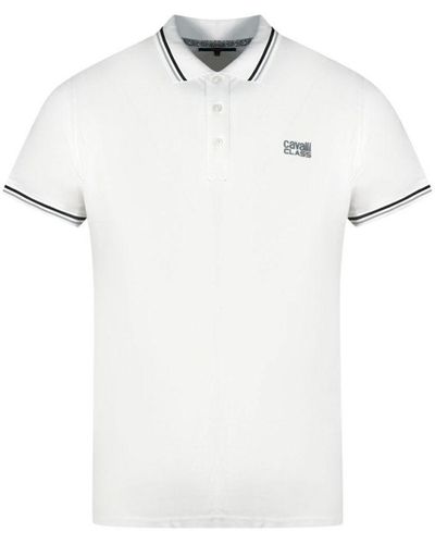 Class Roberto Cavalli Twinned Tipped Collar Grey Logo White Polo Shirt Cotton