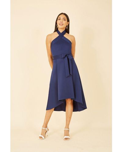 Mela London Halter Neck Dipped Hem Skater Dress - Blue