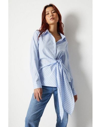Warehouse Striped Wrap Over Tie Front Shirt Cotton - Blue