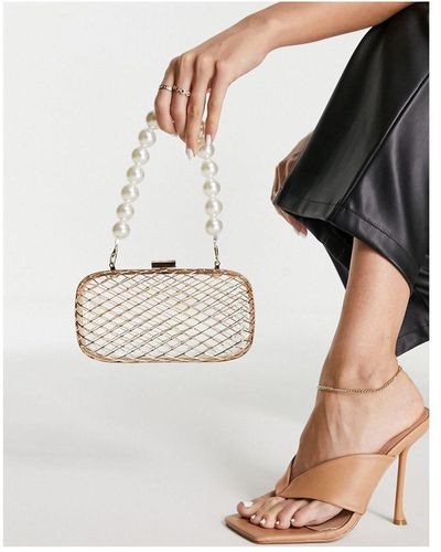 ASOS Caged Clutch Bag With Pearl Beaded Handle - Natural