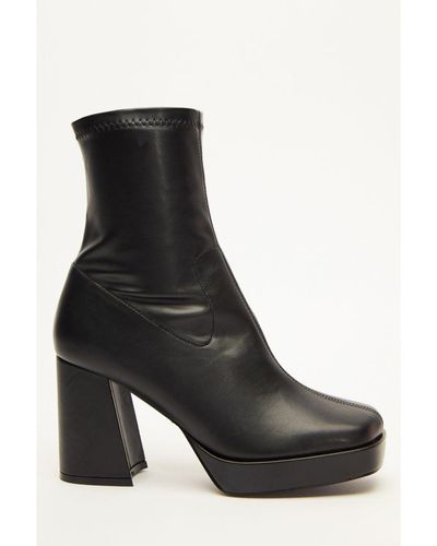 Quiz Faux Leather Platform Heeled Ankle Boots - Black