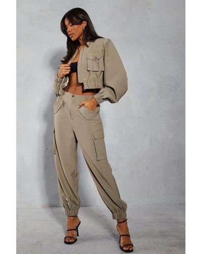 MissPap Tailored Multi Pocket Cargo Cuffed Trousers - Grey