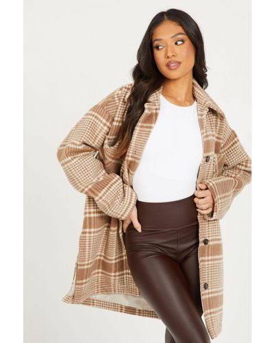Quiz Petite Stone Checked Oversized Shacket - Brown