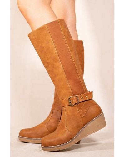 Where's That From 'Ayleen' Wedge Heel Knee High Boots With Elastic Panel - Brown