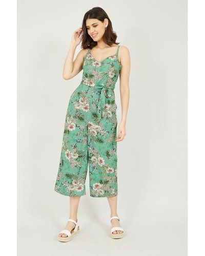 Yumi' Sage Tropical Palm Print Jumpsuit - Green