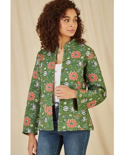 Yumi' Floral Print Reversible Cotton Quilted Jacket - Green