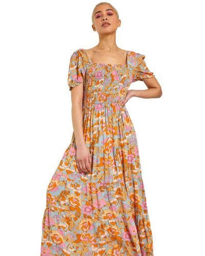 D.u.s.k Retro Floral Print Tiered Maxi Dress - Orange