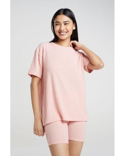 Brave Soul 'Naya' Oversized T-Shirt & Cycling Shirts Lounge Set Polyester/Viscose - Pink