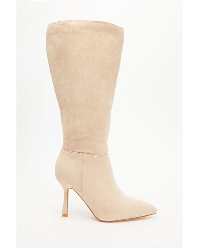 Quiz Faux Suede Knee High Heeled Boots - White