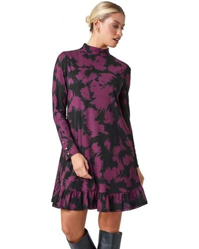 D.u.s.k Abstract Print Frill Hem Mesh Dress - Purple
