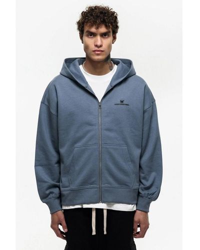 Good For Nothing Oversized Cotton Blend Zip Through Printed Hoodie - Blue