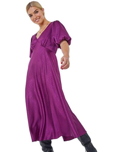 D.u.s.k Puff Sleeve Satin Midi Dress - Purple