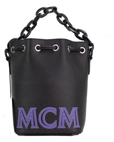 MCM Mini Black Purple Smooth Leather Chain Shoulder Drawstring Bucket Handbag - Blue