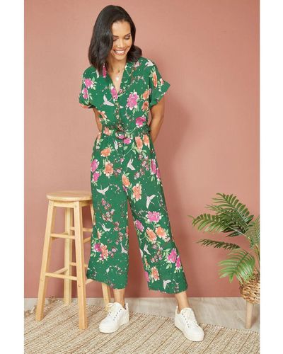 Yumi' Recycled Crane Print Jumpsuit With Matching Belt - Green