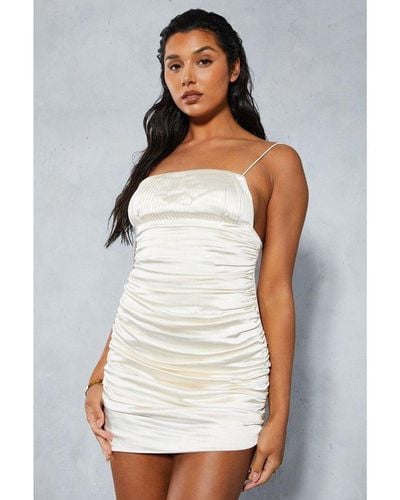 MissPap Premium Satin Ruched Detail Mini Slip Dress - White