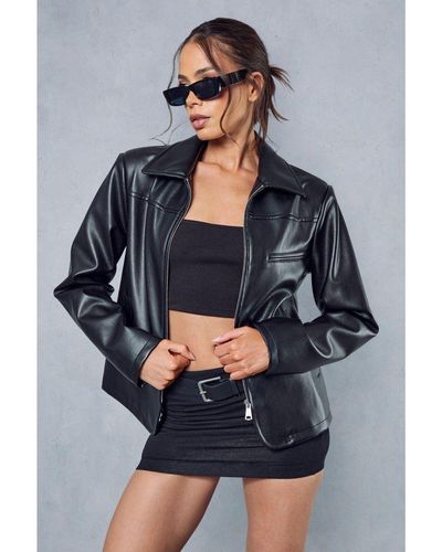 MissPap Leather Look Fitted Biker Jacket - Grey