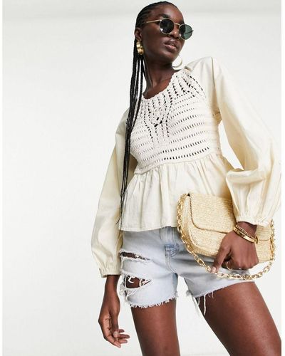 ASOS Long Sleeve Top With Crochet Detail And Tie Waist - Natural