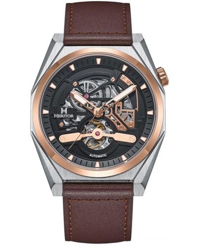 Heritor Amadeus Semi-skeleton Leather-band Watch Stainless Steel - Brown