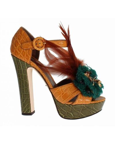 Dolce & Gabbana Orange Leather Crystal Platform Sandal Shoes - Brown